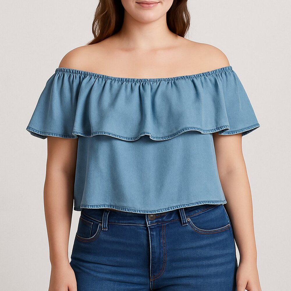Haute Monde Off Shoulder Ruffle Top Blue Tencel Lightweight Blouse Women’s XL